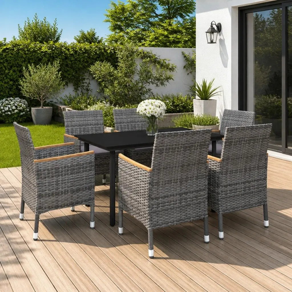 7 Piece Grey Outdoor Dining Set with Cushions Rattan Chairs Glass Table