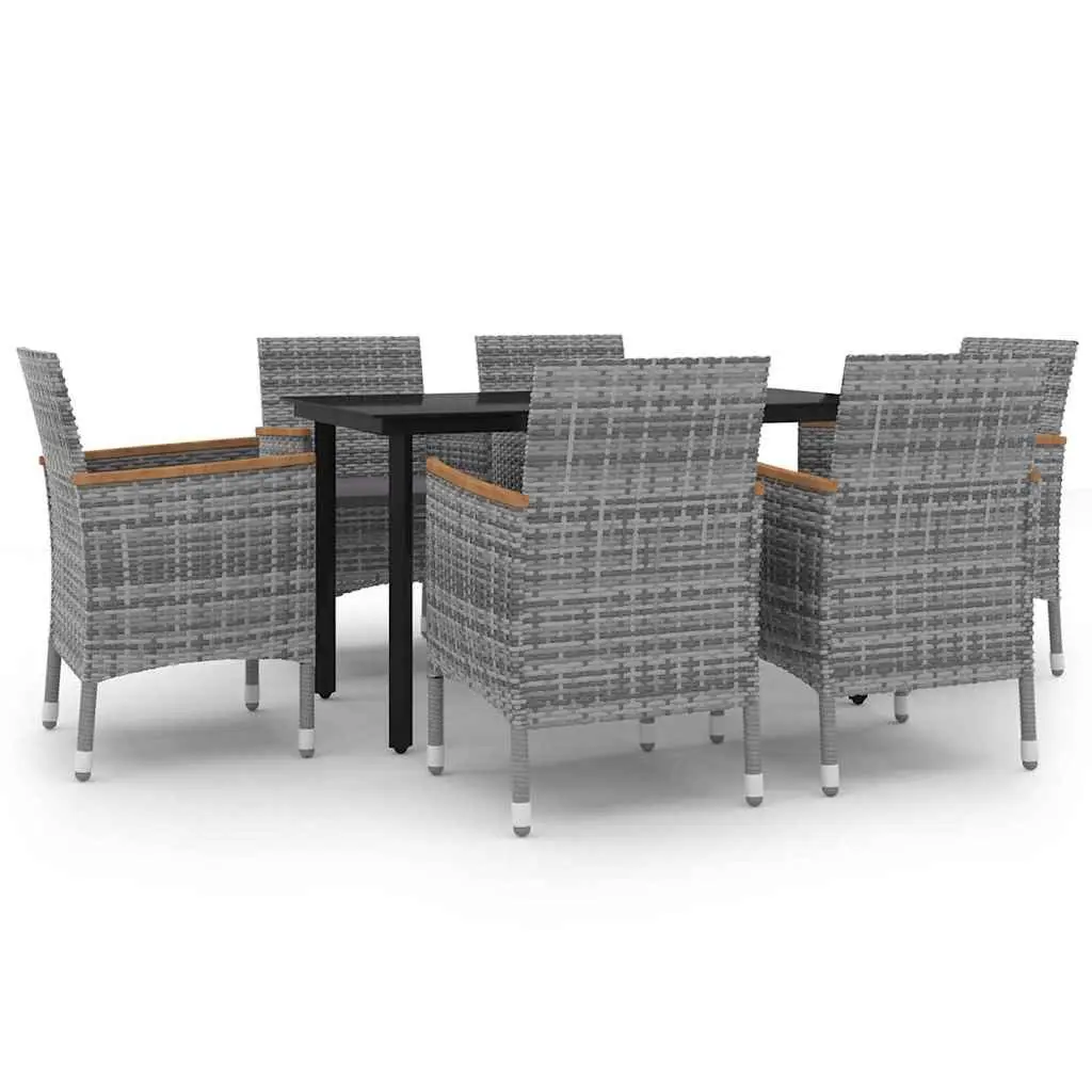 7 Piece Grey Outdoor Dining Set with Cushions Rattan Chairs Glass Table