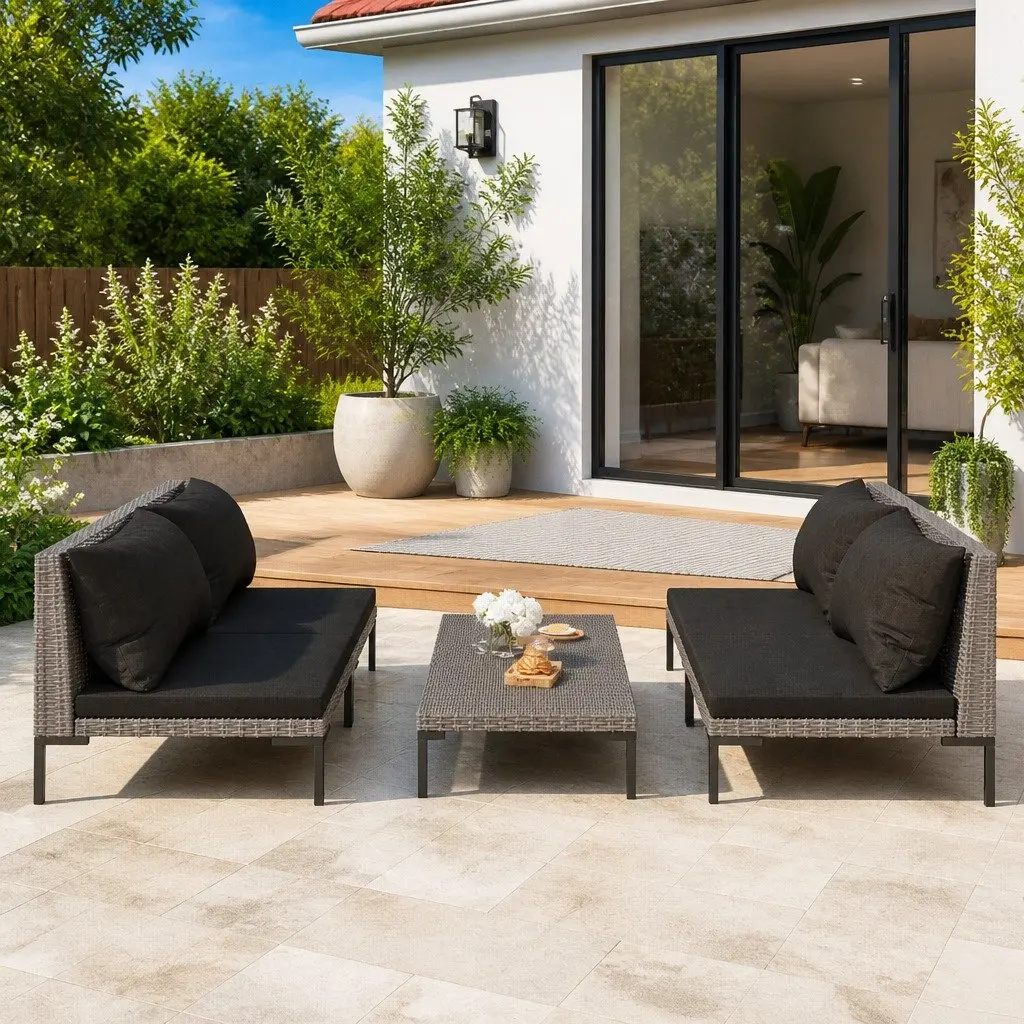 5 Piece Garden Lounge Set Grey Rattan Outdoor Patio Furniture with Cushions