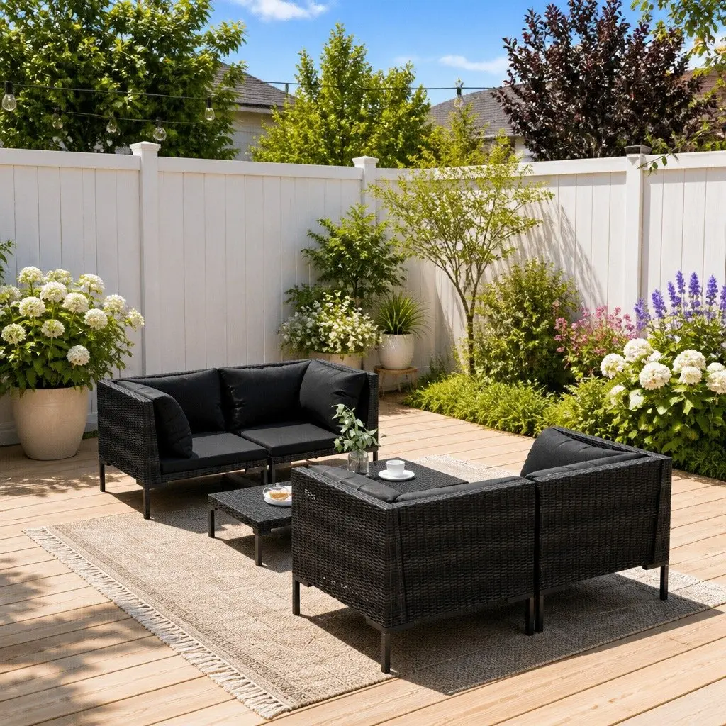 5PieceOutdoorLoungeSetGreyPatioFurnitureWeatherResistantPE RattanCushions