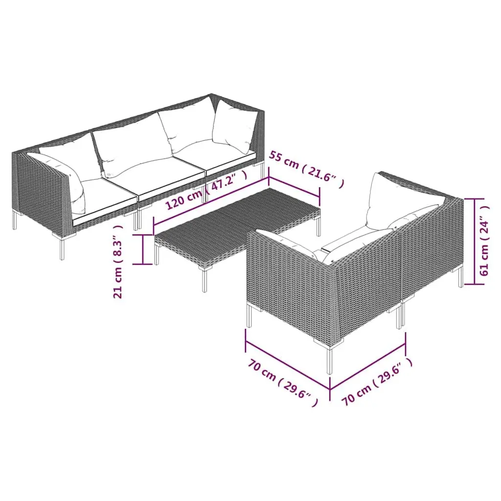 Garden Lounge Set 6 Piece Outdoor Furniture Grey Patio Rattan Sofa with Cushions