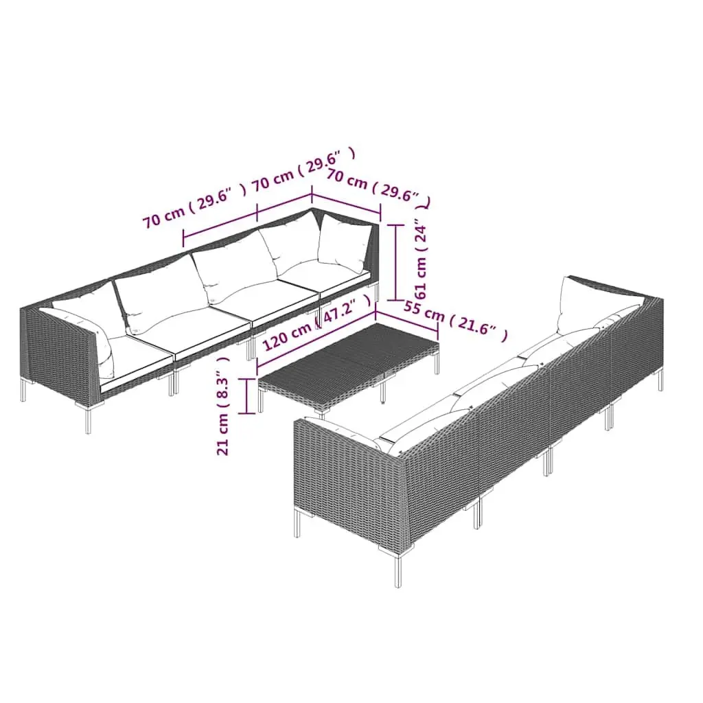 Outdoor Lounge Set 9 Piece Grey Weather-Resistant Rattan Sofa with Cushions