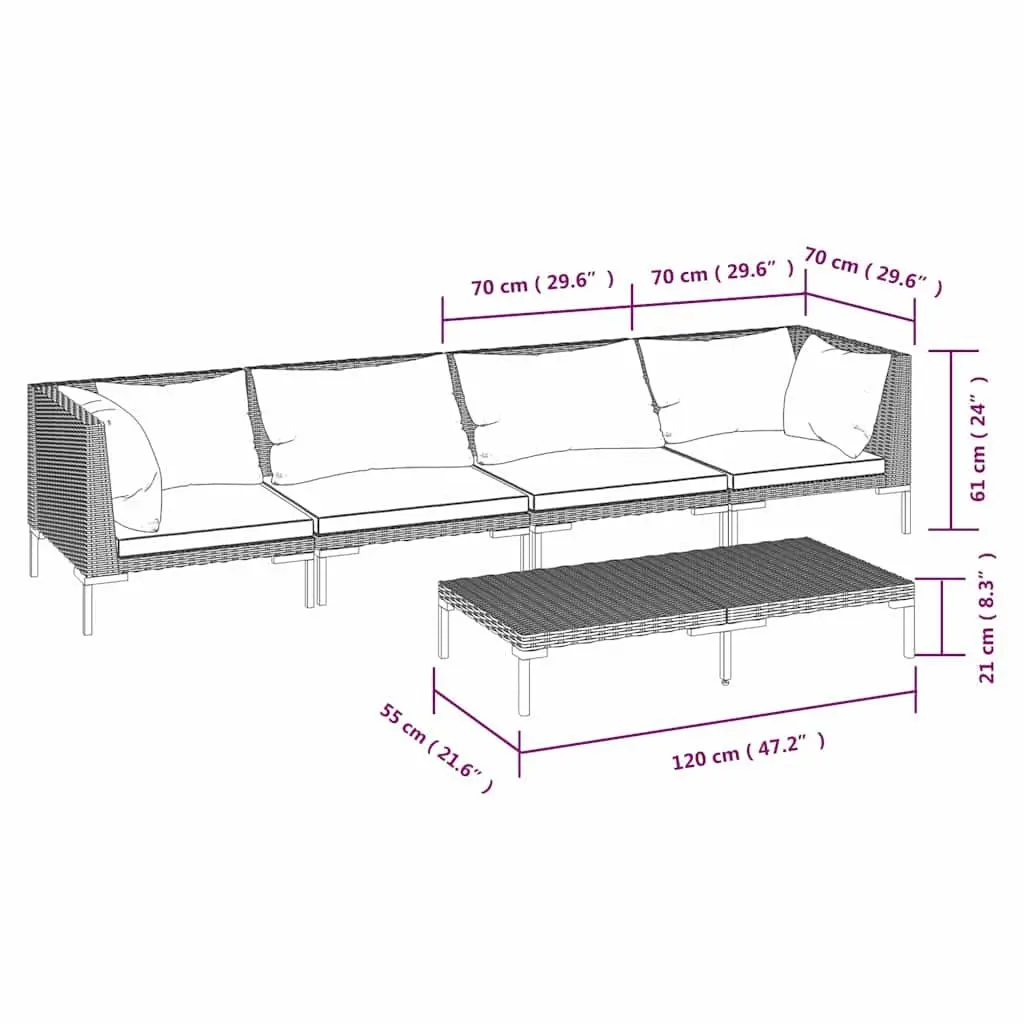 Garden Lounge Set Grey Rattan 5 Piece Outdoor Patio Furniture with Cushions