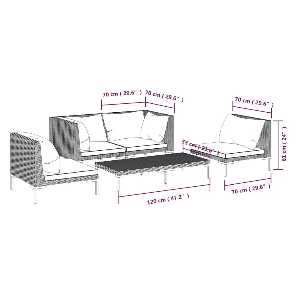 Garden Lounge Set 5 Piece Outdoor Patio Furniture Grey PE Rattan Sofa with