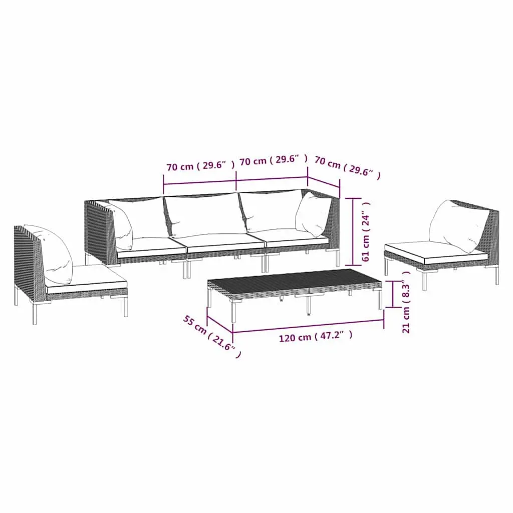 Garden Lounge Set Grey Rattan 6 Piece Outdoor Patio Furniture with Cushions