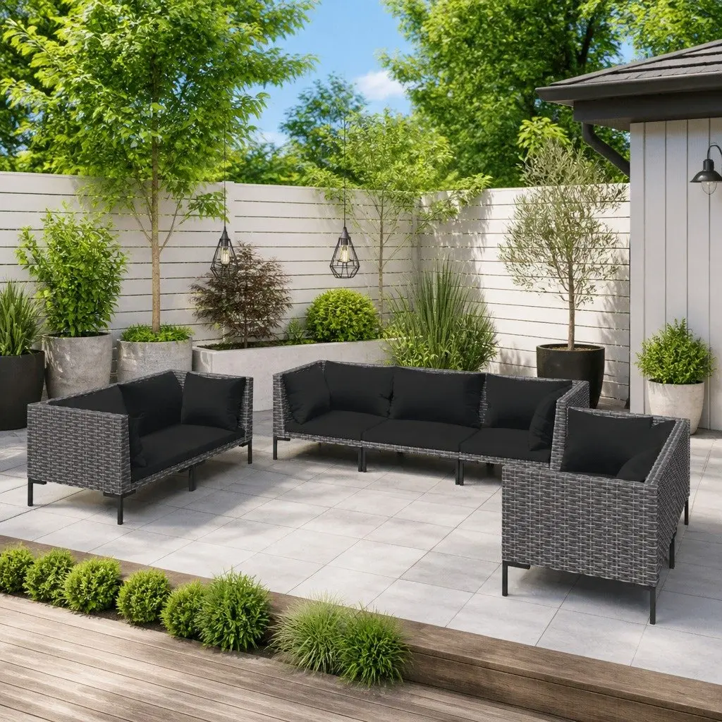 Garden Lounge Set 7 Piece Grey Rattan Outdoor Furniture with Cushions