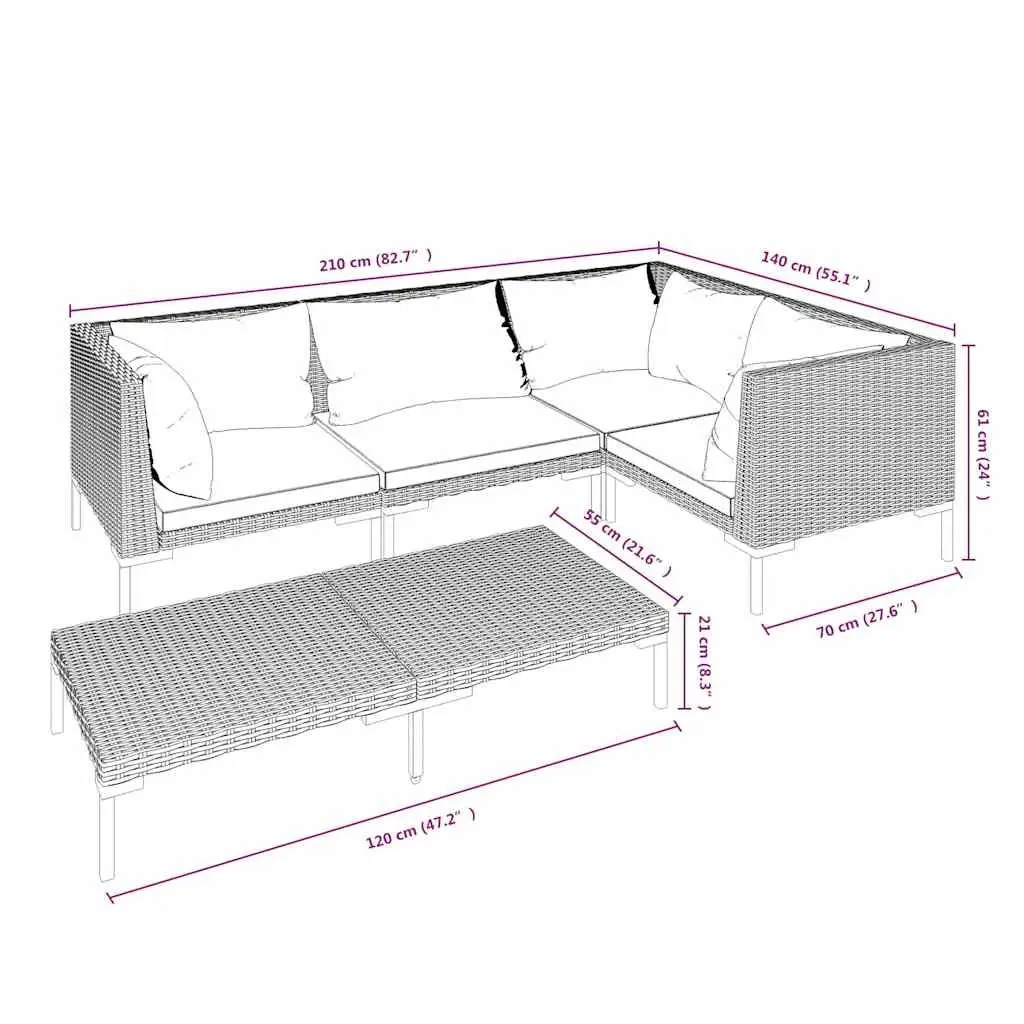5 Piece Garden Lounge Set Weather Resistant Poly Rattan Outdoor Patio Furniture with Cushions Grey