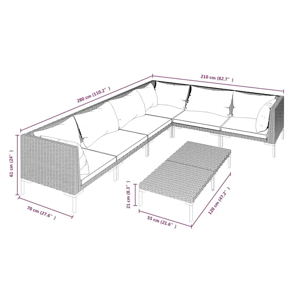 7 Piece Garden Lounge Set Grey PE Rattan Patio Furniture with Cushions Lightweight Weather Resistant