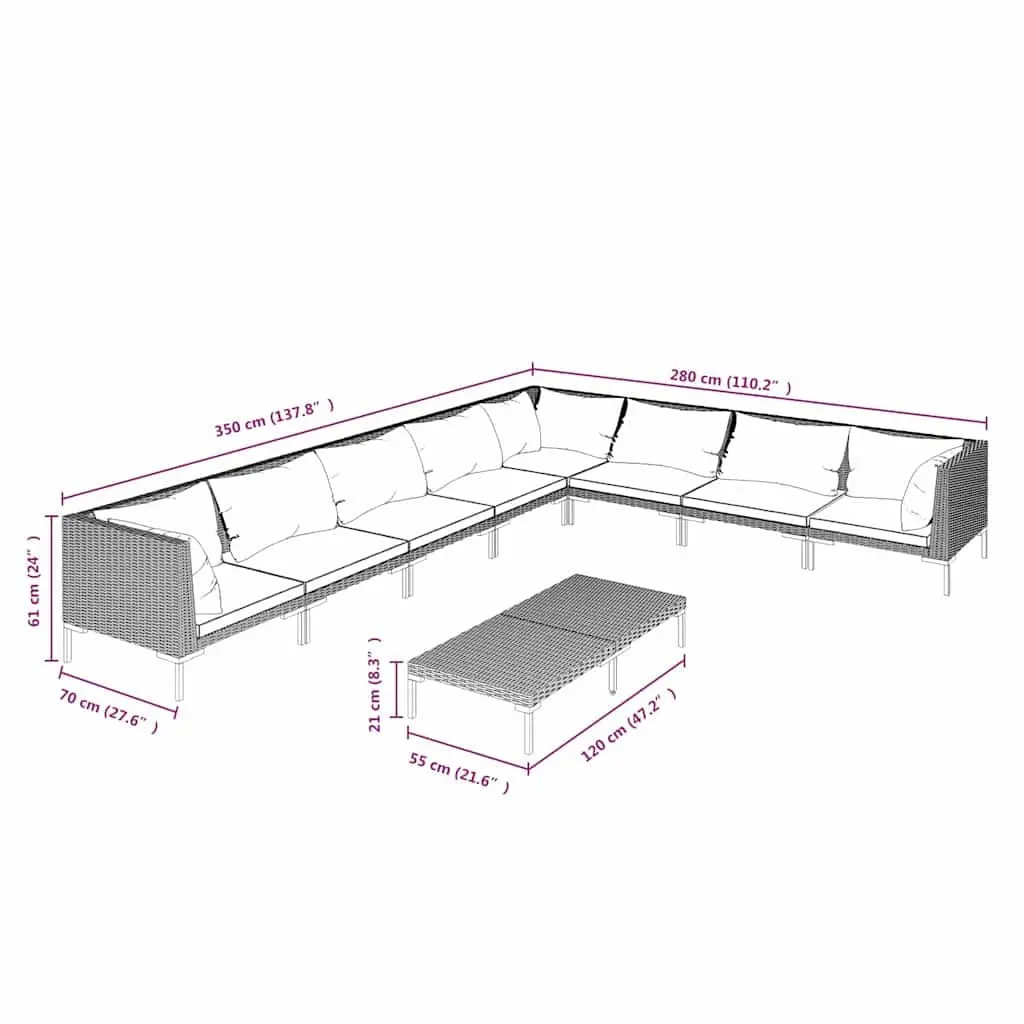 Outdoor Garden Lounge Set 9 Piece Patio Furniture with Cushions Grey Rattan