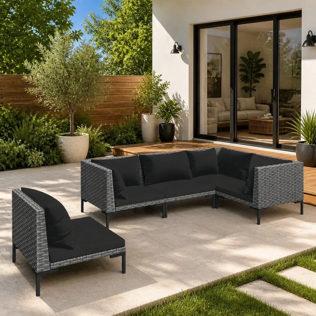 Garden Lounge Set 5 Piece Outdoor Patio Furniture PE Rattan Sofa with Cushions Grey