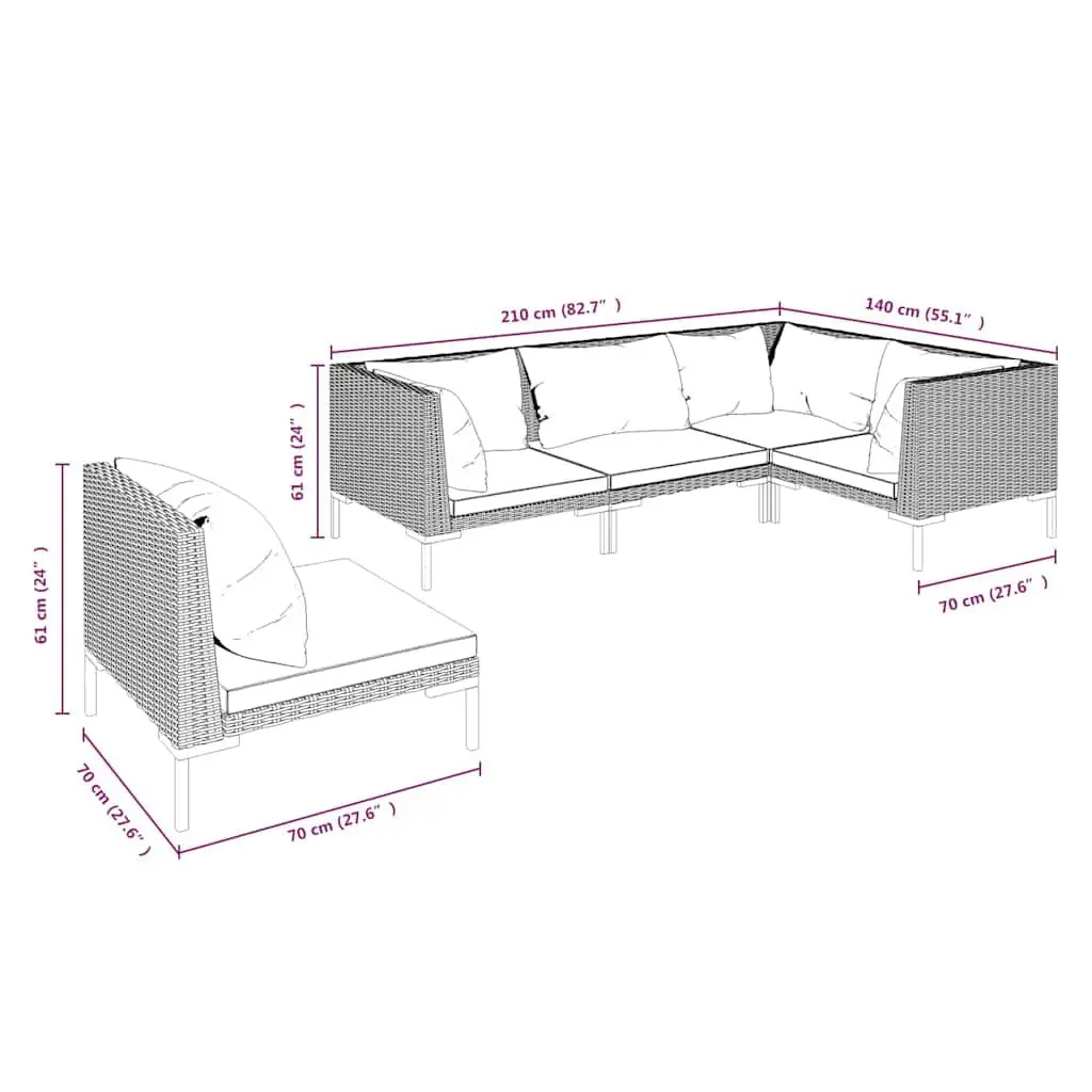 Garden Lounge Set 5 Piece Outdoor Patio Furniture PE Rattan Sofa with Cushions Grey