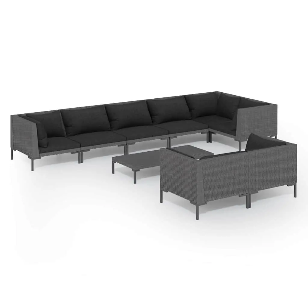 9 Piece Grey Poly Rattan Outdoor Lounge Set with Cushions and Pillows for Garden Patio