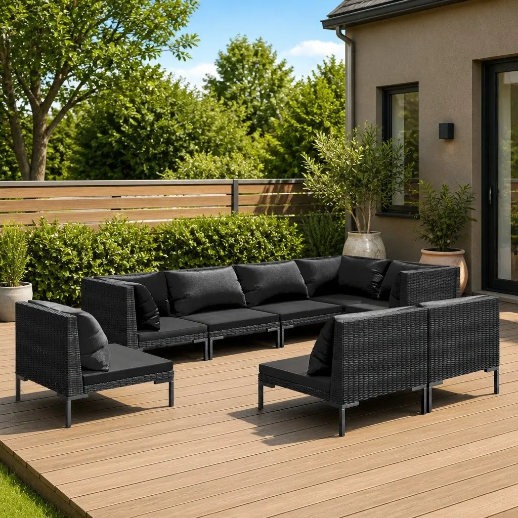 8 Piece Garden Lounge Set Grey Poly Rattan Cushions Outdoor Patio Furniture