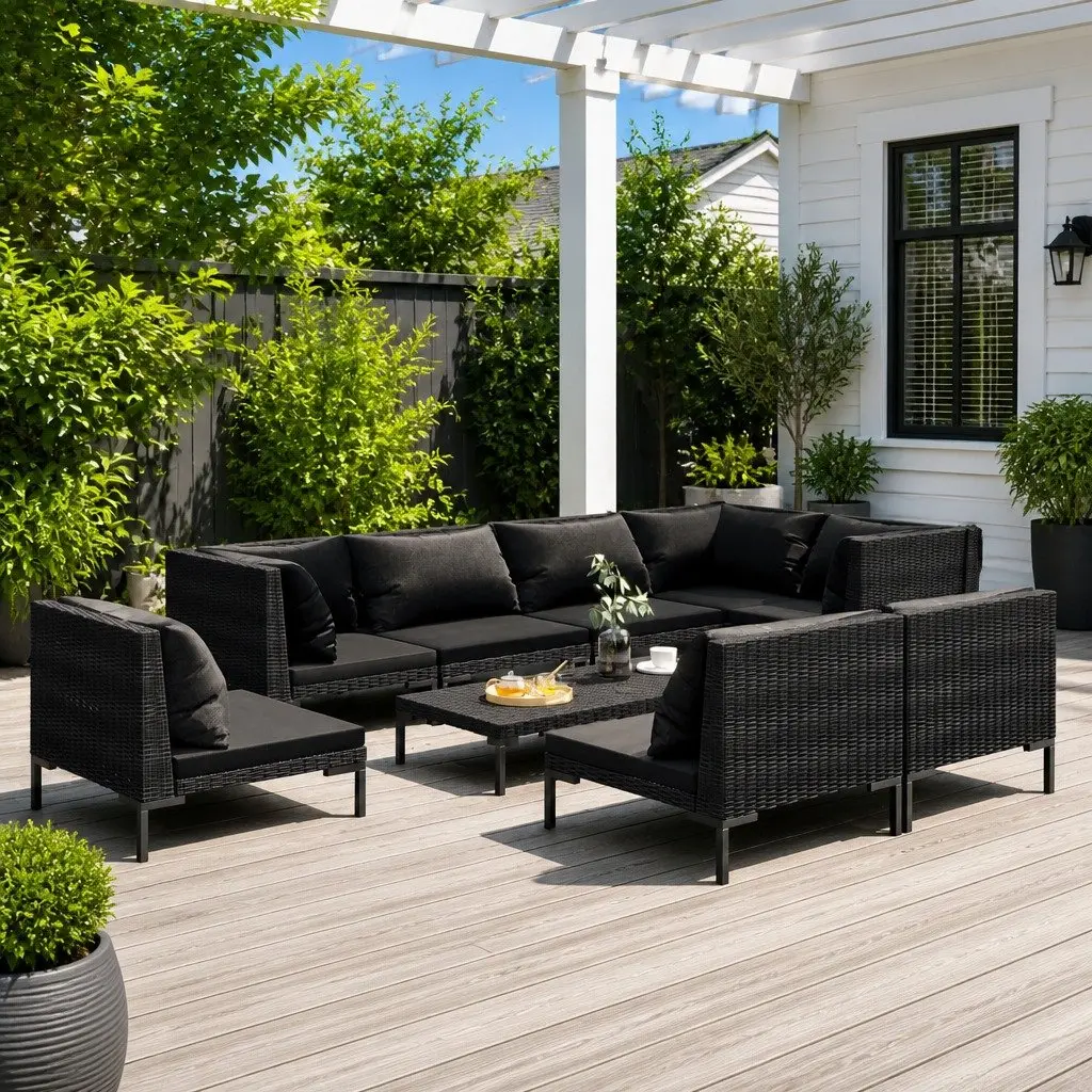 9 Piece Garden Lounge Set Grey Outdoor Patio Furniture Rattan with Cushions