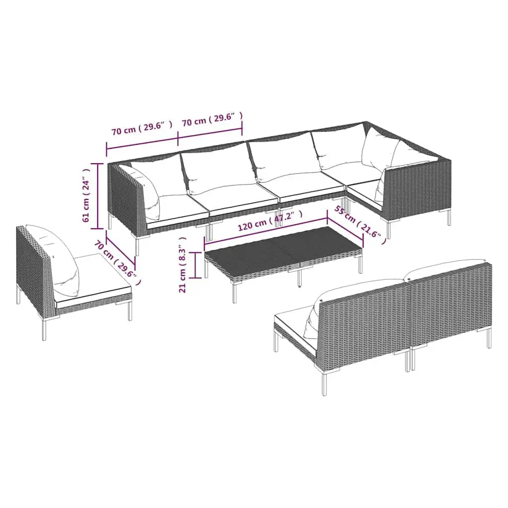 9 Piece Garden Lounge Set Grey Outdoor Patio Furniture Rattan with Cushions