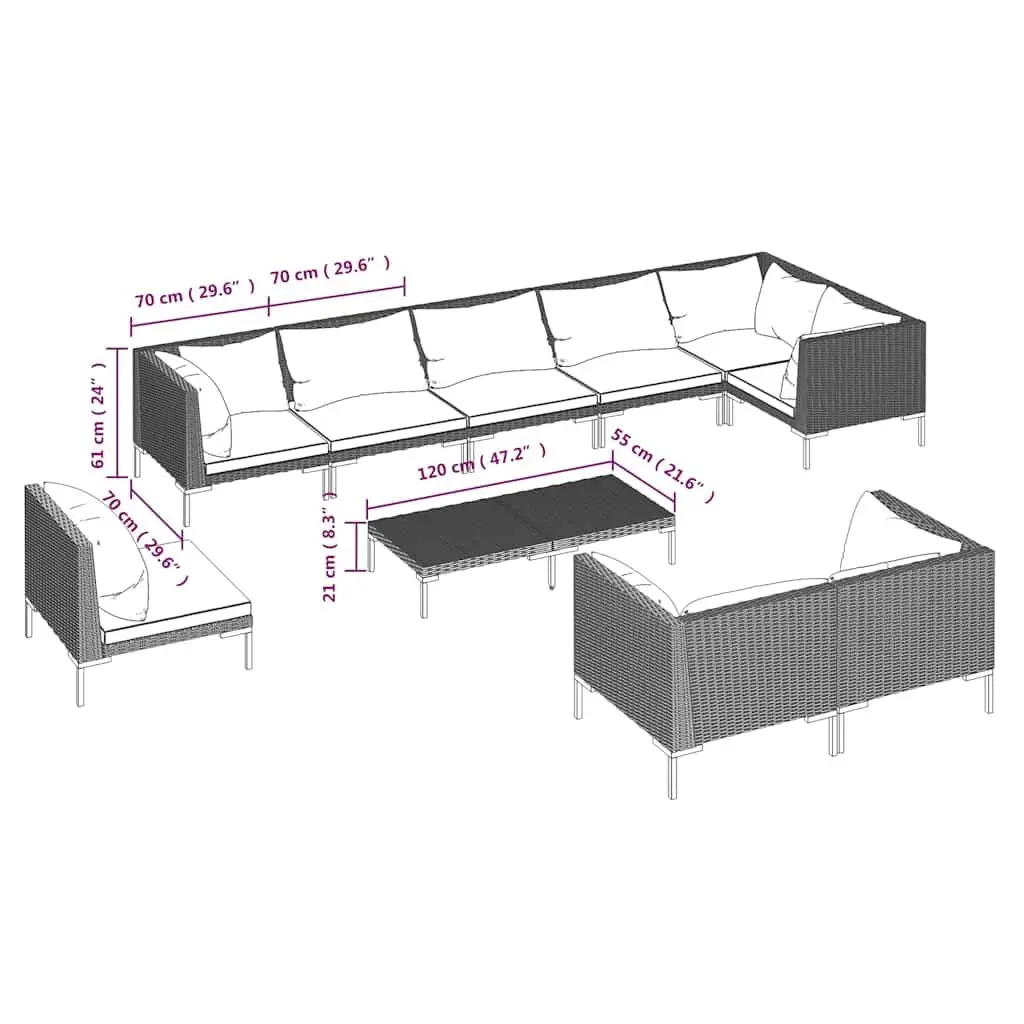 Outdoor Lounge Set 10 Piece Weather Resistant Garden Furniture Grey Rattan with Cushions