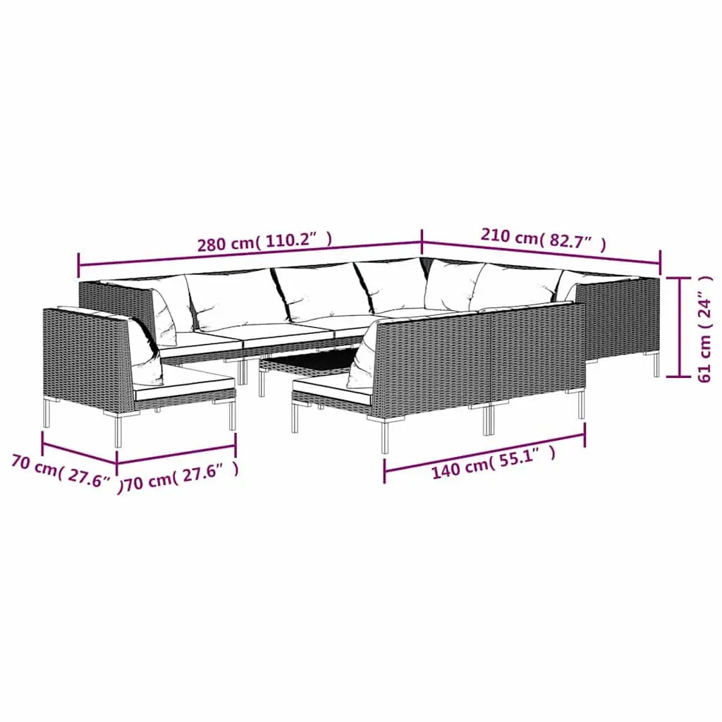 Garden Lounge Set Grey 10 Piece Outdoor Furniture with Cushions Poly Rattan