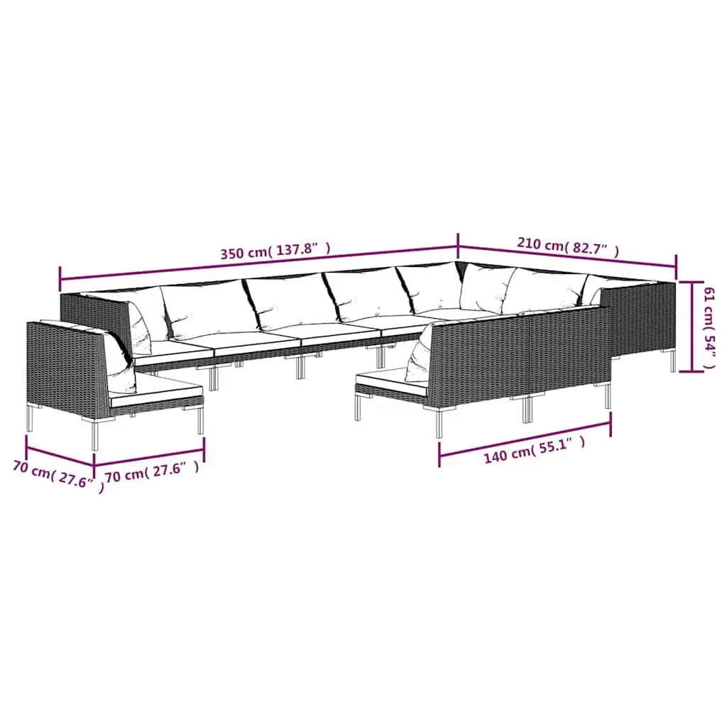 10 Piece Outdoor Garden Lounge Set with Cushions Half-Round PE Rattan and Powder-Coated Steel Grey