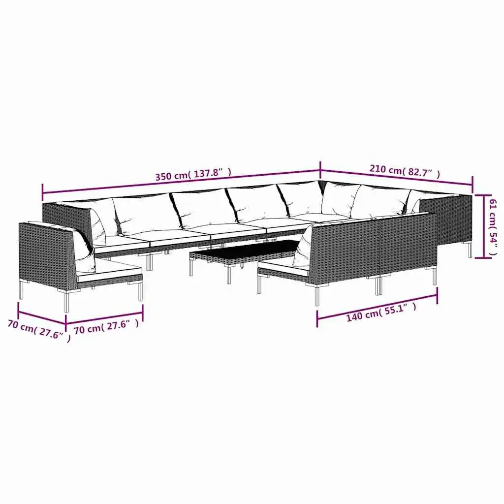 Outdoor Furniture Set 11 Piece Grey PE Rattan Garden Lounge with Cushions and Powder-Coated Steel Frame