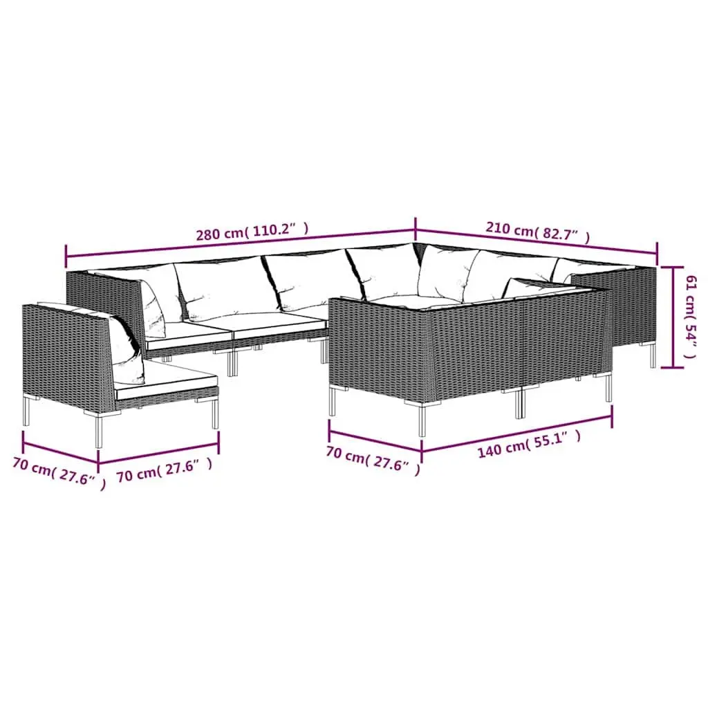 Outdoor Patio Furniture Set 9 Piece Garden Lounge with Grey Cushions and Pillows