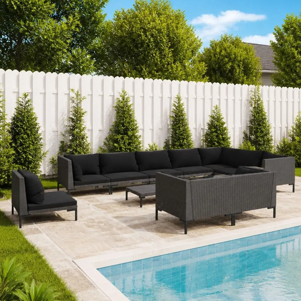 Garden Lounge Set 11 Piece Outdoor Furniture Poly Rattan Grey Cushions