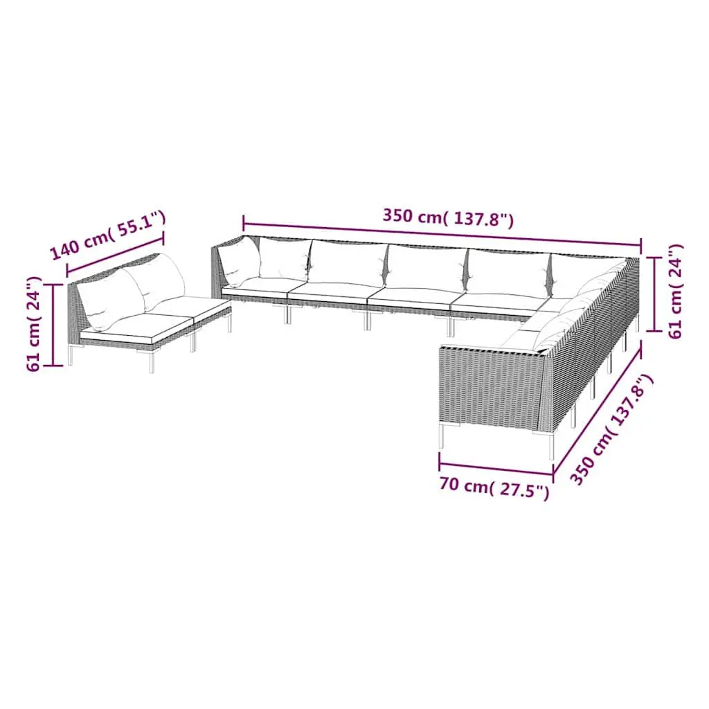 Outdoor Lounge Set 11 Piece Grey Cushioned Poly Rattan Furniture with Powder Coated Steel Frame