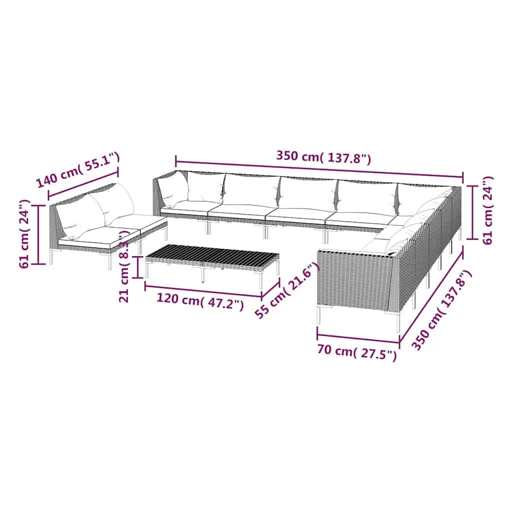12 Piece Garden Lounge Set Grey Poly Rattan Patio Furniture with Cushions