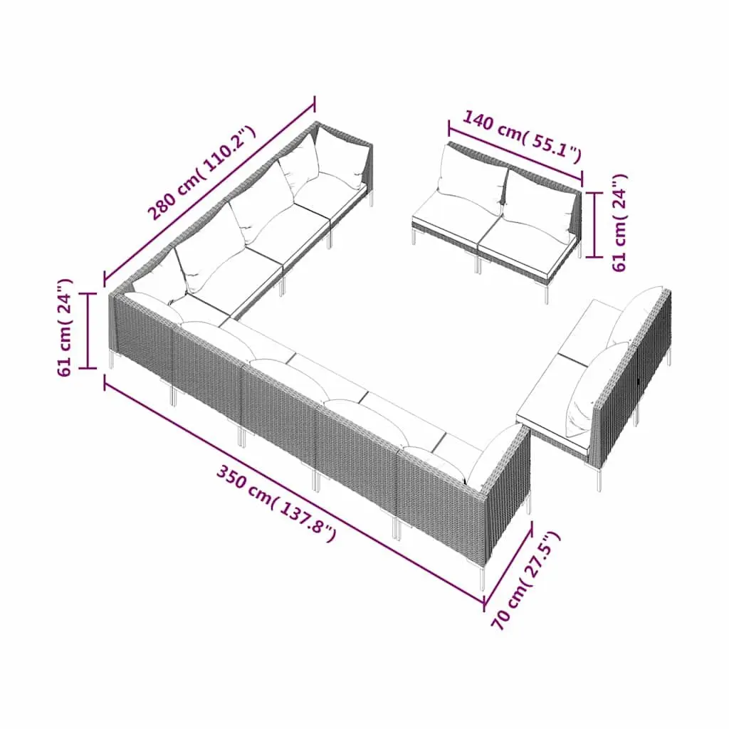 Garden Lounge Set 12 Piece Outdoor Patio Furniture PE Rattan Grey Cushions