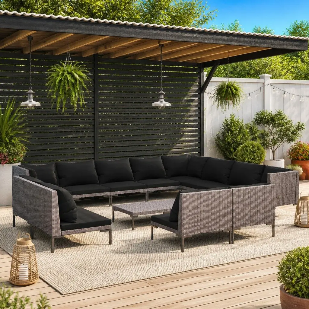 Outdoor Lounge Set Grey PE Rattan with Cushions 13 Piece Powder Coated Steel Frame