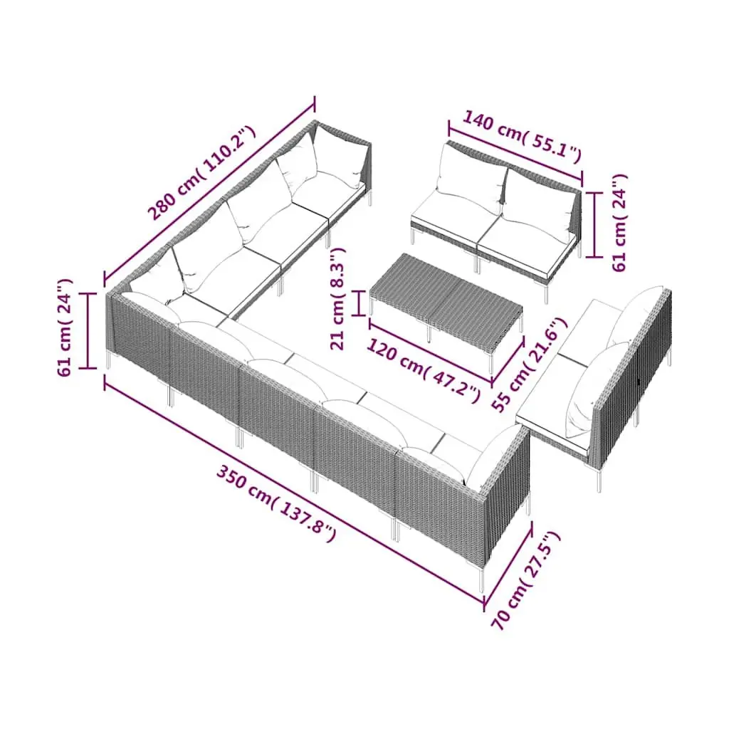 Outdoor Lounge Set Grey PE Rattan with Cushions 13 Piece Powder Coated Steel Frame