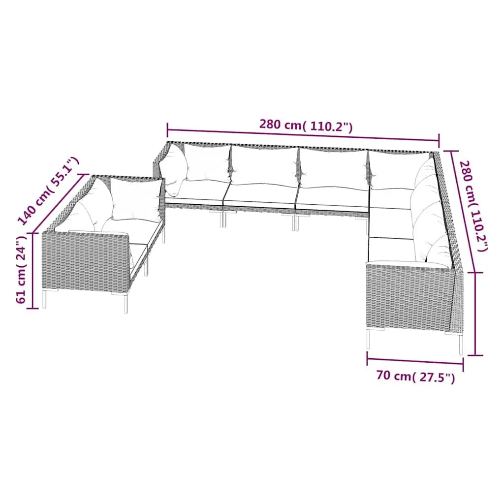 9 Piece Outdoor Furniture Set Grey Rattan Garden Lounge with Cushions and Pillows