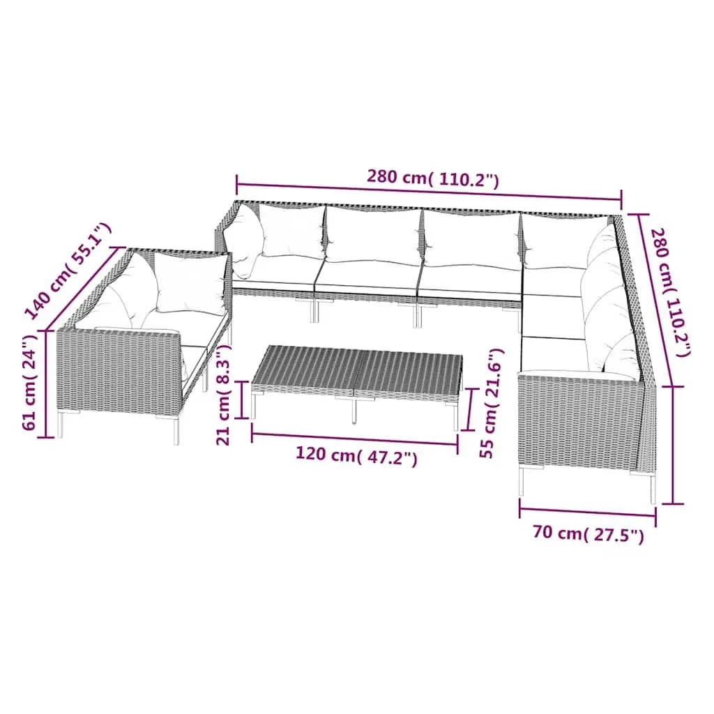 10 Piece Garden Lounge Set with Cushions Outdoor Patio Furniture Poly Rattan