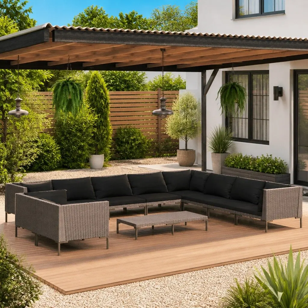 11PieceOutdoorLoungeSetGreyWeatherResistantPolyRattanwithThickCushionsandSturdySteelFrame