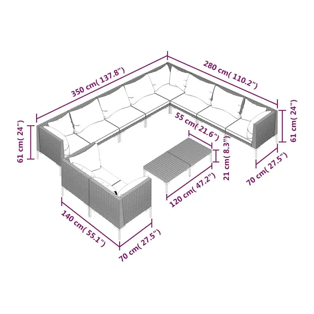 11PieceOutdoorLoungeSetGreyWeatherResistantPolyRattanwithThickCushionsandSturdySteelFrame