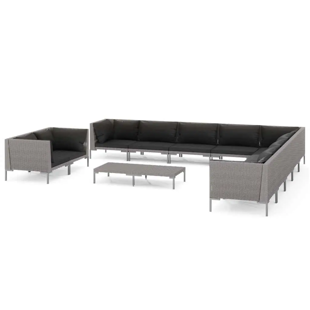 12 Piece Outdoor Furniture Set Garden Lounge with Cushions Grey Rattan and Steel Frame