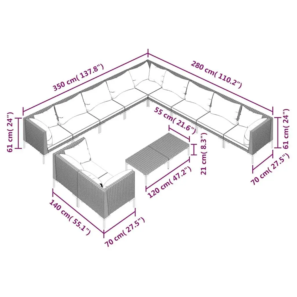 12 Piece Outdoor Furniture Set Garden Lounge with Cushions Grey Rattan and Steel Frame