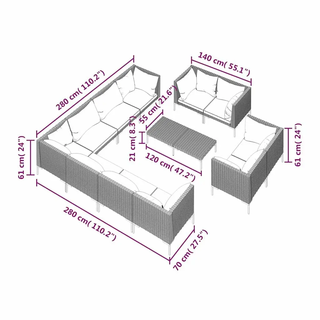 Garden Lounge Set 12 Piece Outdoor Furniture Rattan Grey with Cushions Pillows