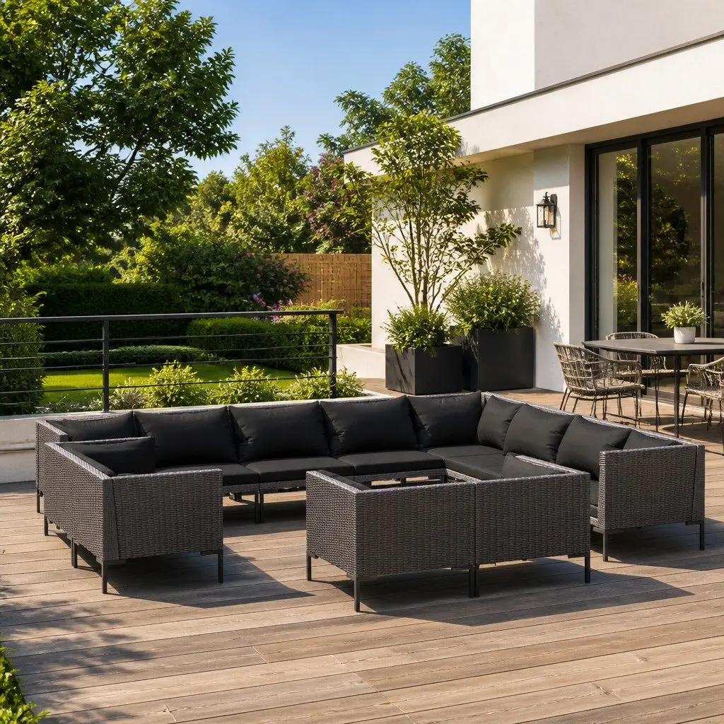 Outdoor Furniture Set 12 Piece Garden Lounge Grey Cushions PE Rattan
