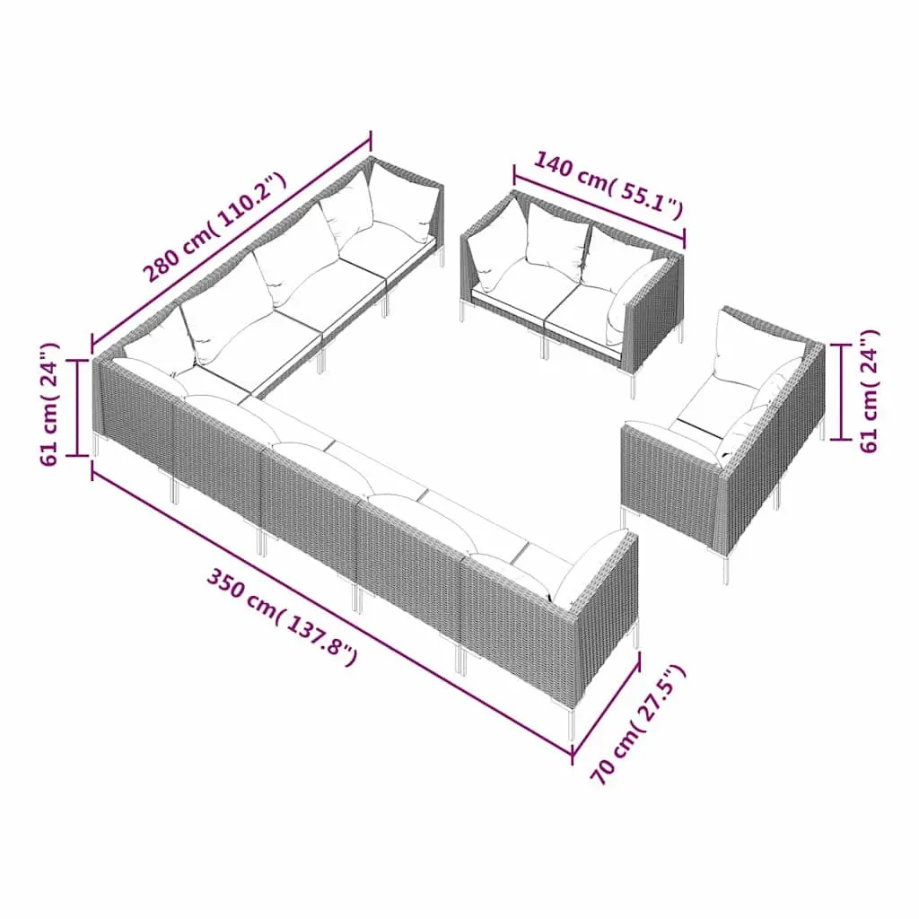 Outdoor Furniture Set 12 Piece Garden Lounge Grey Cushions PE Rattan