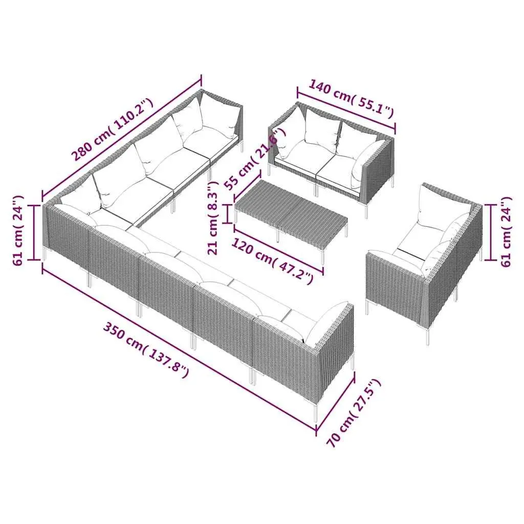 Garden Lounge Set 13 Piece Grey Poly Rattan Outdoor Furniture with Powder-Coated Steel Frame and Thickly Padded Cushions
