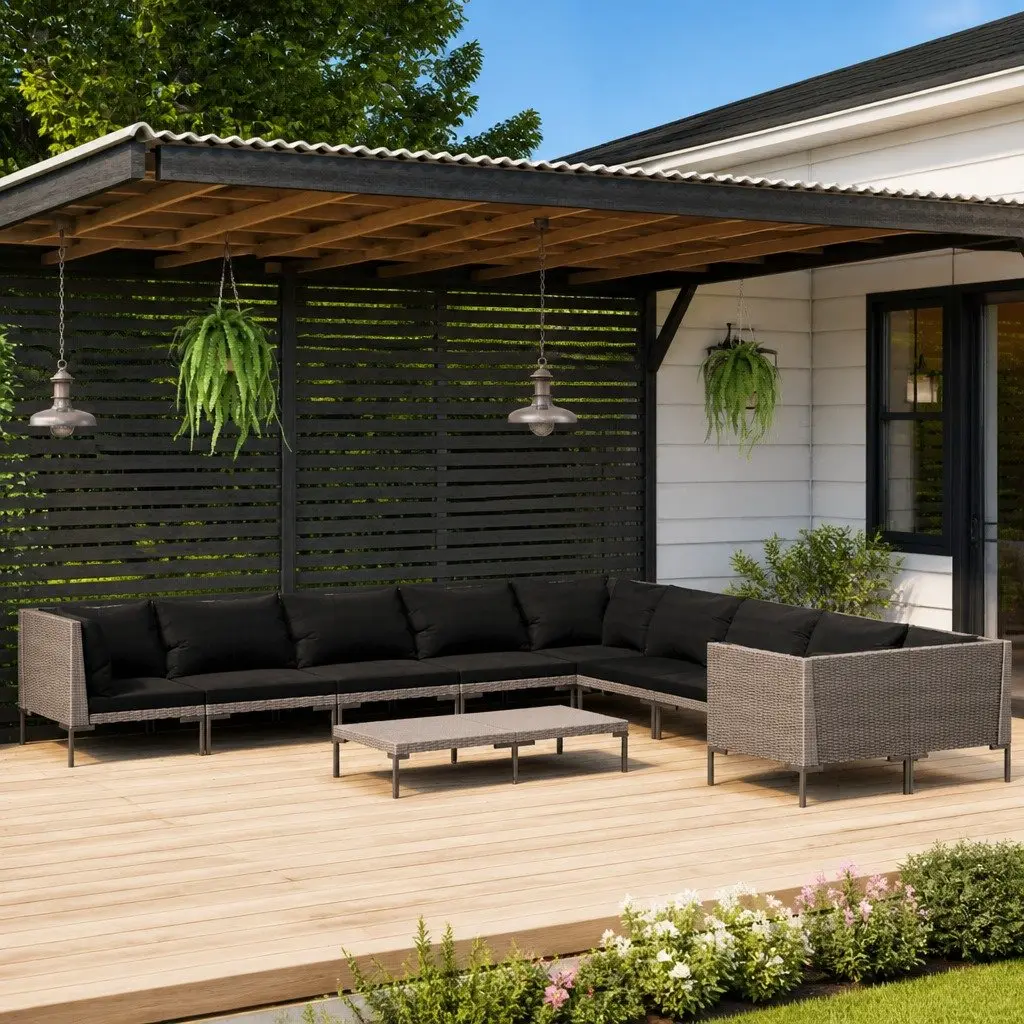 Garden Lounge Set 10 Piece Outdoor Furniture Grey Patio Sofa with Cushions