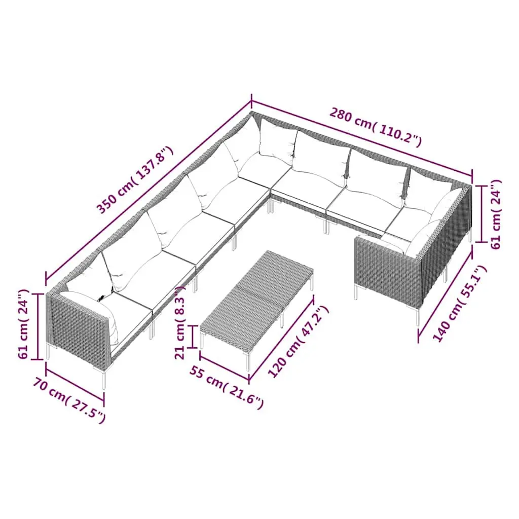 Garden Lounge Set 10 Piece Outdoor Furniture Grey Patio Sofa with Cushions