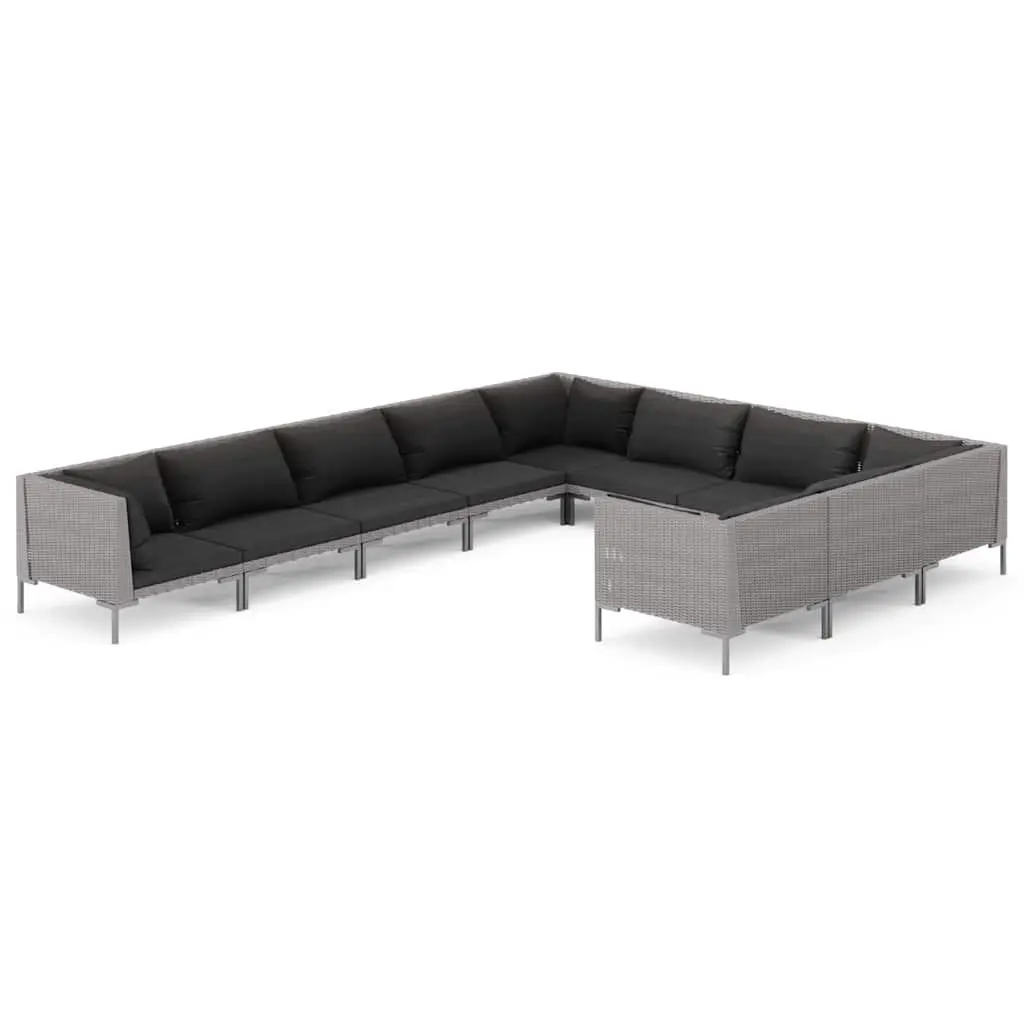 10 Piece Outdoor Patio Lounge Set Grey Weather Resistant Poly Rattan with Cushions and Powder Coated Steel Frame