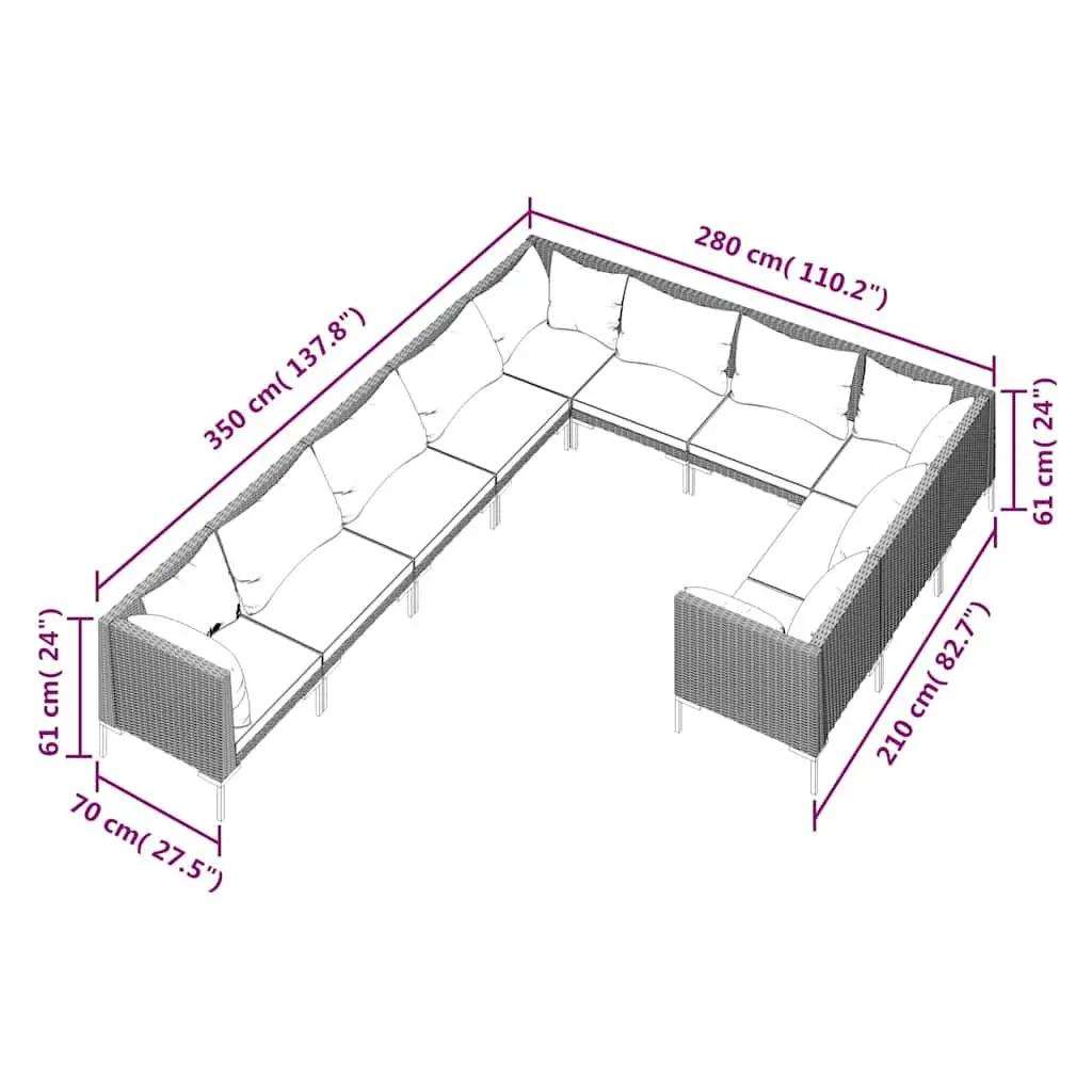 10 Piece Outdoor Patio Lounge Set Grey Weather Resistant Poly Rattan with Cushions and Powder Coated Steel Frame
