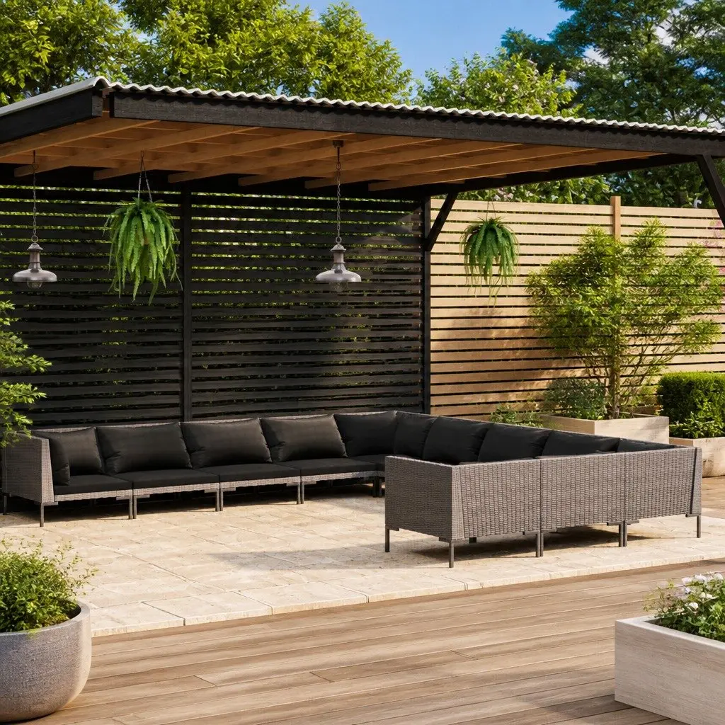 Garden Lounge Set 11 Piece Weather Resistant Poly Rattan Grey Outdoor Furniture
