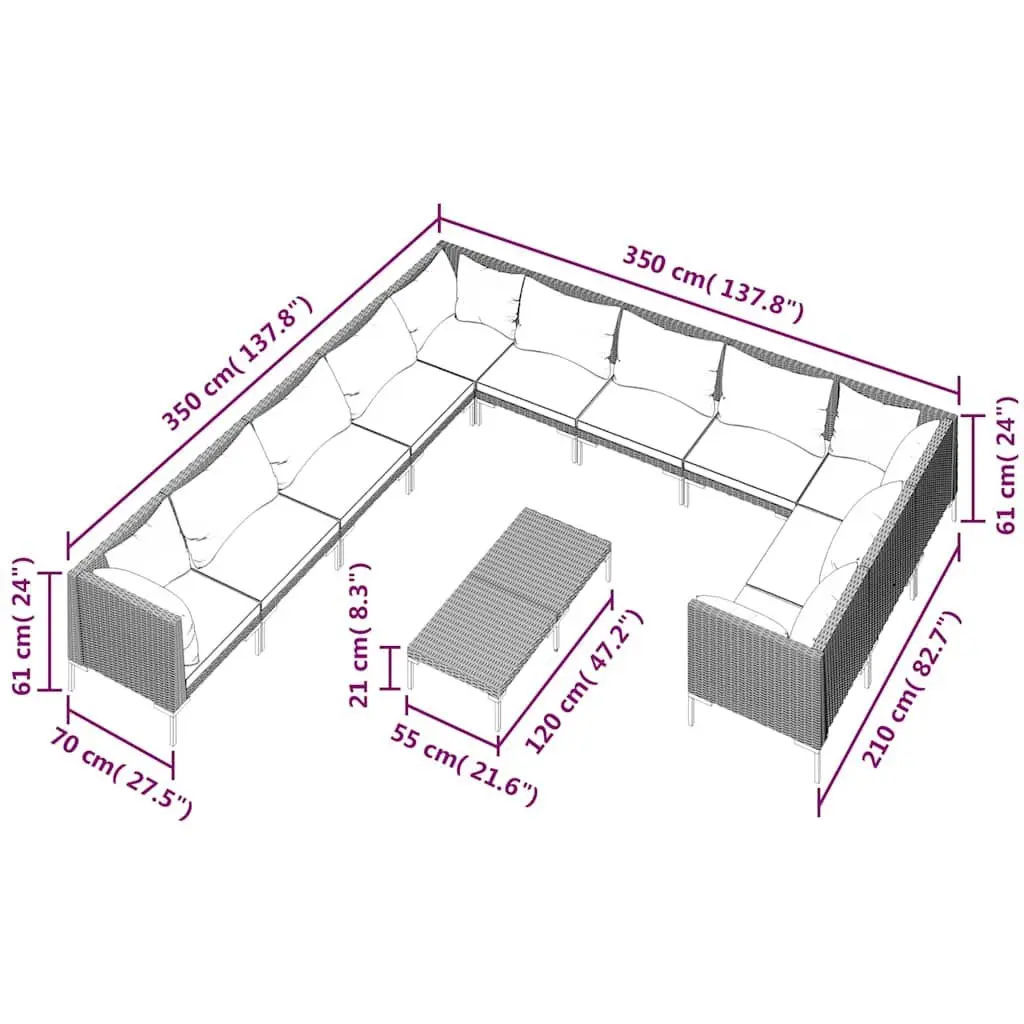 Garden Lounge Set 12 Piece Outdoor Patio Furniture Grey Poly Rattan Cushions