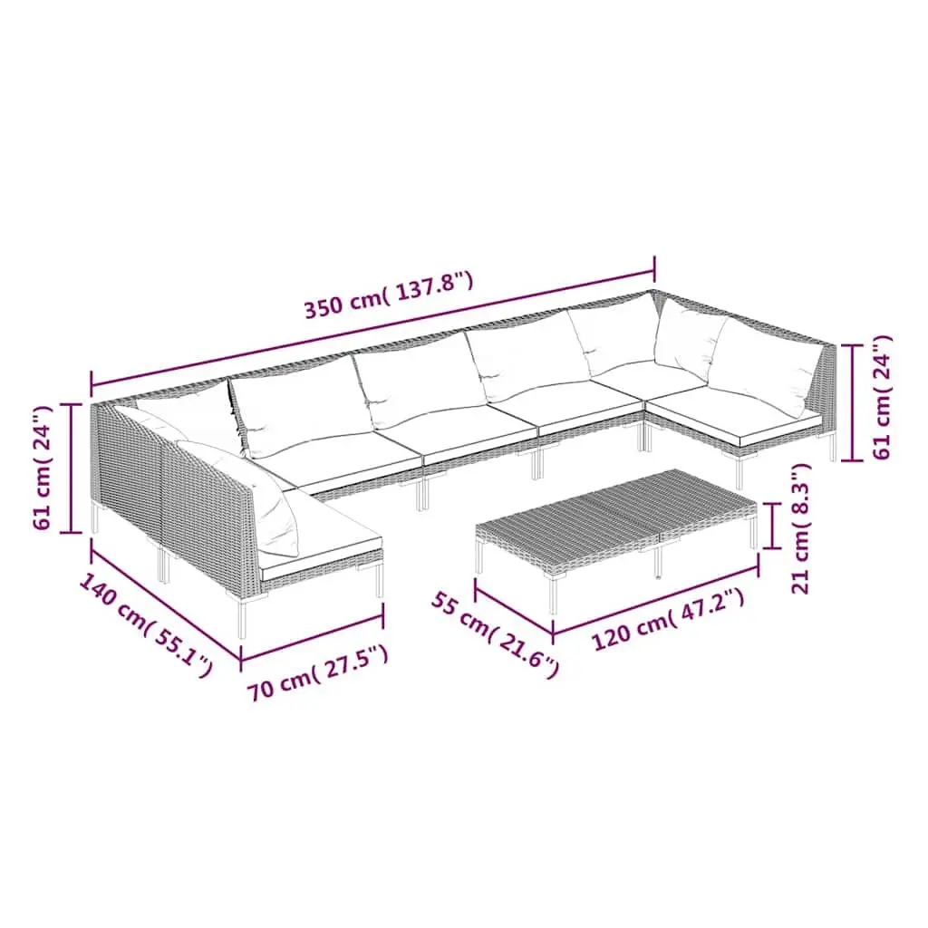 Garden Lounge Set 8 Piece Outdoor Patio Furniture Grey Rattan Sofa with Cushions