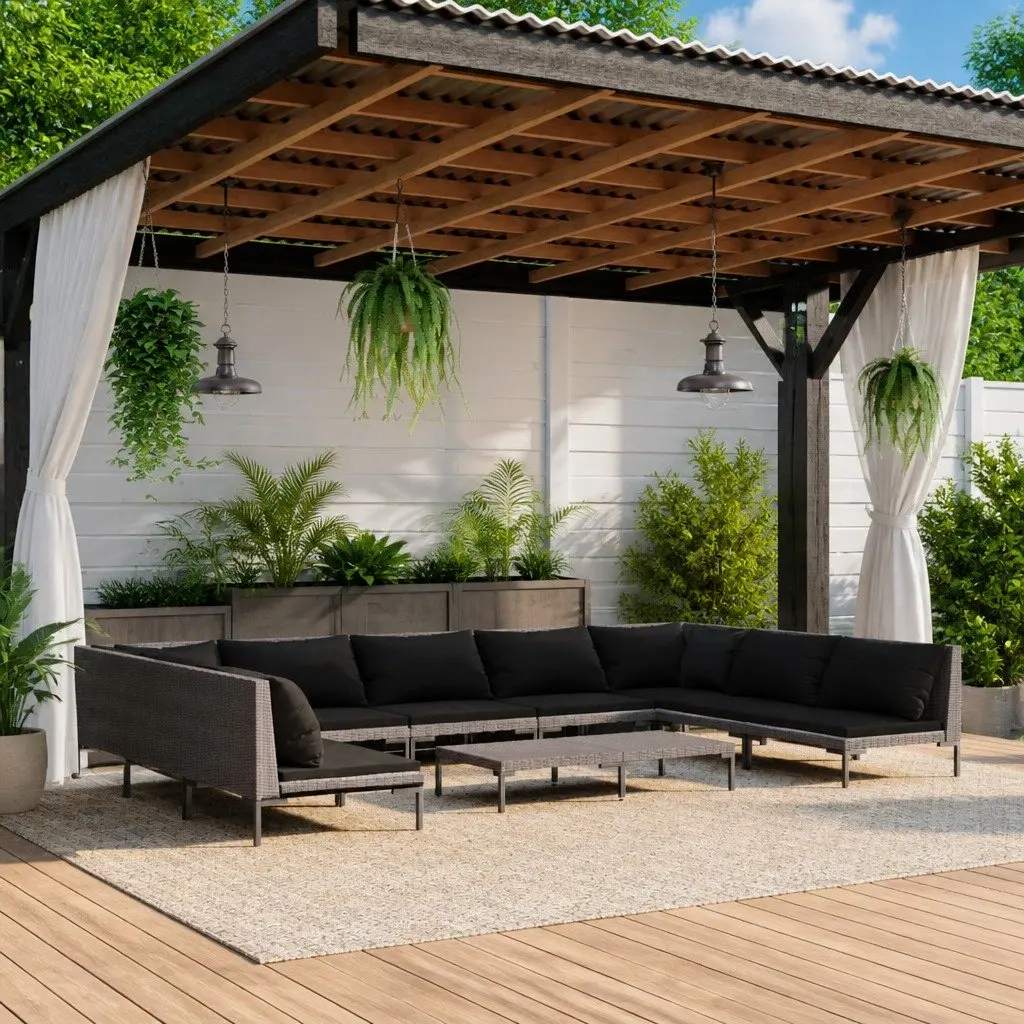 Outdoor Furniture Set 10 Piece Grey Poly Rattan Lounge with Cushions