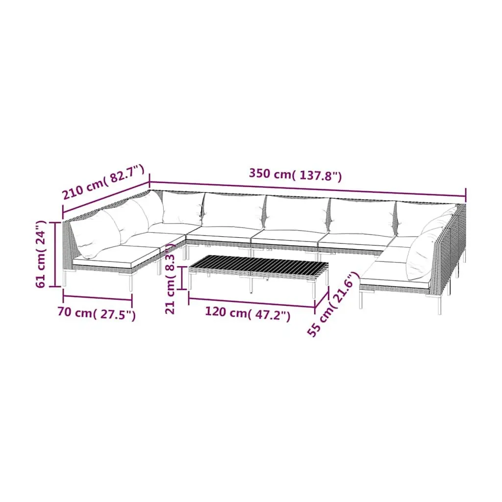 Outdoor Furniture Set 10 Piece Grey Poly Rattan Lounge with Cushions