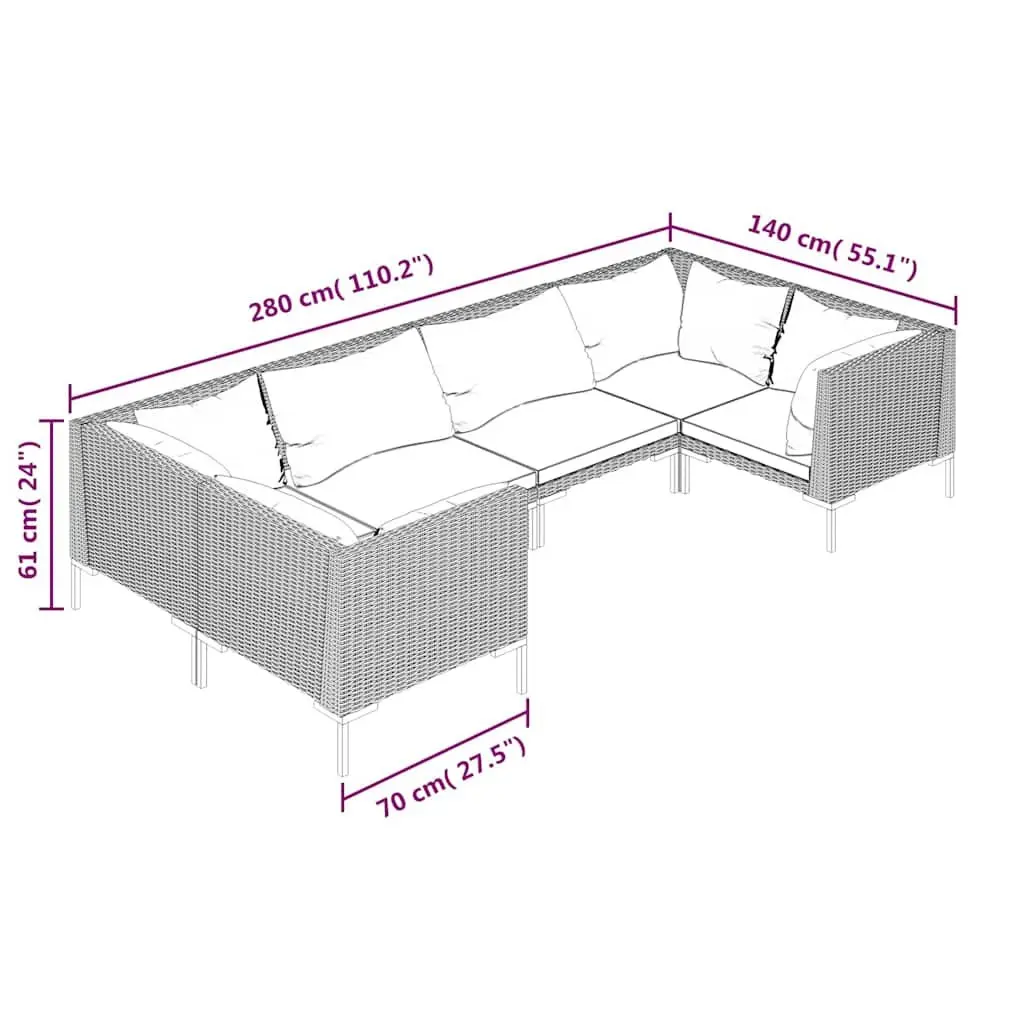 6 Piece Outdoor Lounge Set Grey Half-Round PE Rattan Patio Furniture with Cushions
